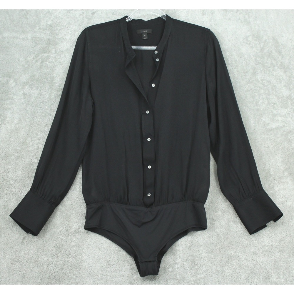 J Crew Bodysuit Womens 10 Black Silk Blend Long Sleeve Button Front Blouse H5860